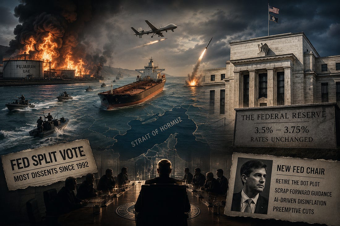 May 2026 macro collage: Fujairah terminal ablaze, tankers in the Strait of Hormuz, and a divided Federal Reserve holding rates at 3.5% to 3.75%