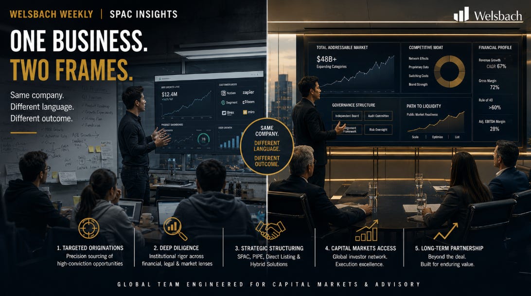 One business, two frames: the same company presented in private-company language versus institutional capital markets language