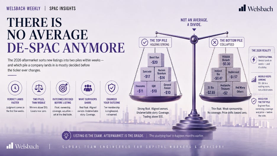 Welsbach Weekly SPAC Insights: There Is No Average De-SPAC Anymore - a balance scale weighing the top pile of De-SPACs holding above $10 against the bottom pile collapsing toward zero